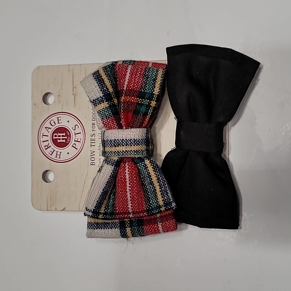 Pet Bow Ties - Red, Cream, Black Plaid Bow  Tie and Black Bow‎ Tie - set #1